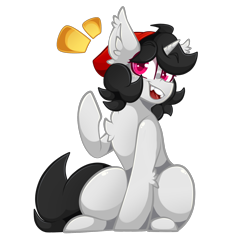Size: 2000x2000 | Tagged: safe, artist:star-theft, oc, oc only, oc:marcy, pony, unicorn, beanie, eyebrows, eyebrows visible through hair, female, hat, high res, horn, looking at you, mare, open mouth, open smile, raised hoof, simple background, sitting, smiling, smiling at you, solo, transparent background, unicorn oc