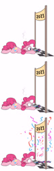 Size: 1800x5600 | Tagged: safe, artist:rocket-lawnchair, pinkie pie, earth pony, pony, g4, 2021, blowing, confetti, finish line, lying down, new year, party horn, prone, solo, tired, wide eyes