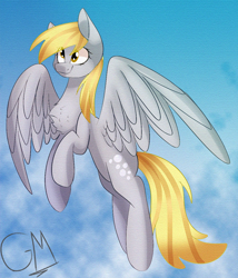 Size: 1024x1198 | Tagged: safe, artist:greenmarta, artist:nightmaregolddraw, derpy hooves, pegasus, pony, g4, chest fluff, collaboration, female, flying, sky, solo, spread wings, wings