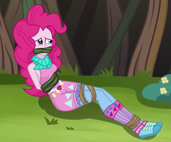 Size: 2000x1656 | Tagged: safe, artist:splendidbondage, pinkie pie, equestria girls, ankle tied, bondage, bound and gagged, breasts, gag, show accurate, solo, vine
