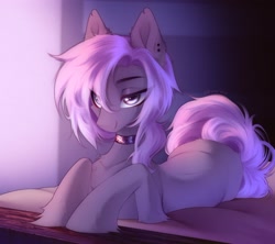 Size: 2542x2259 | Tagged: oc name needed, safe, artist:shenki, oc, oc only, earth pony, pony, bed, collar, ear piercing, earth pony oc, eye clipping through hair, gradient mane, gradient tail, gray coat, gray eyes, high res, lidded eyes, looking at something, lying down, male, on bed, on side, piercing, prone, smiling, solo, tail, trap, unshorn fetlocks