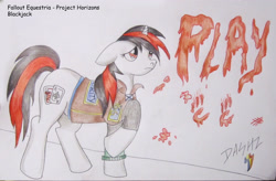 Size: 2946x1936 | Tagged: safe, artist:ebonypegasus, oc, oc only, oc:blackjack, pony, unicorn, fallout equestria, fallout equestria: project horizons, blood, clothes, fanfic art, female, horn, jumpsuit, pipbuck, scene interpretation, small horn, solo, traditional art, vault security armor, vault suit