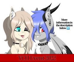 Size: 2481x2076 | Tagged: safe, artist:melodytheartpony, oc, oc only, oc:melody silver, dracony, dragon, earth pony, hybrid, pony, :p, best friends, choker, commission, duo, duo female, fangs, female, fluffy, fundraiser, high res, horns, piercing, pretty, signature, smiling, tongue out, wholesome, your character here