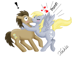 Size: 1024x778 | Tagged: safe, artist:ebonypegasus, derpy hooves, doctor whooves, time turner, earth pony, pony, g4, blushing, duo, exclamation point, eyes closed, female, heart, kissing, male, mare, onomatopoeia, pomf, ship:doctorderpy, shipping, simple background, spread wings, stallion, straight, surprised, transparent background, wingboner, wings