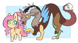 Size: 3241x1772 | Tagged: safe, artist:lunarunah, discord, fluttershy, draconequus, pegasus, pony, g4, blushing, duo, duo male and female, female, high res, looking at each other, looking at someone, male, mare, open mouth, open smile, quadrupedal, ship:discoshy, shipping, simple background, smiling, smiling at each other, straight