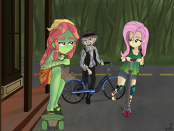 Size: 2048x1536 | Tagged: safe, artist:blackdeathhatter, fluttershy, tree hugger, equestria girls, g4, bicycle, equestria girls-ified, female, friday the 13th, male, ralph neeley, road, scooter, skateboard, story included, trio