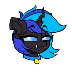 Size: 2000x2000 | Tagged: safe, artist:sickly-sour, oc, oc only, oc:♪, changeling, :3, blue changeling, changeling oc, collar, eyebrows, eyebrows visible through hair, fangs, high res, simple background, smiling, smug, solo