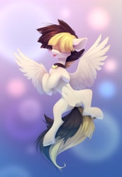Size: 2813x4096 | Tagged: safe, alternate version, artist:n_thing, artist:shenki, songbird serenade, pegasus, pony, g4, my little pony: the movie, abstract background, belly, belly button, collaboration, collar, concave belly, cute, featureless crotch, female, floppy ears, flying, hair over eyes, high res, hock fluff, hooves to the chest, leg fluff, mare, missing accessory, slender, solo, songbetes, spread legs, spread wings, spreading, tail, thin, tongue out, two toned mane, two toned tail, unshorn fetlocks, wings