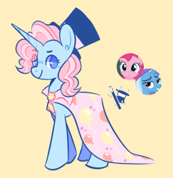 Size: 857x882 | Tagged: safe, artist:bumblesnail-art, pinkie pie, trixie, oc, unnamed oc, pony, unicorn, g4, cutie mark, eyelashes, female, fusion, fusion:pinkie pie, fusion:trixie, hat, mare, simple background, smiling, solo, top hat, yellow background