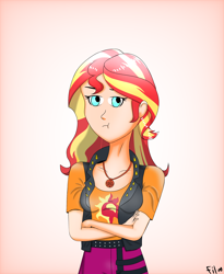 Size: 2050x2500 | Tagged: safe, artist:film77asq, sunset shimmer, equestria girls, g4, clothes, crossed arms, female, gradient background, high res, human coloration, solo