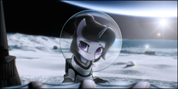 Size: 8001x4001 | Tagged: safe, artist:d30-nt00rg, oc, oc only, pony, unicorn, absurd file size, absurd resolution, astronaut, crepuscular rays, earth, female, horn, looking at you, mare, moon, smiling, smiling at you, solo, space, spacesuit, unicorn oc