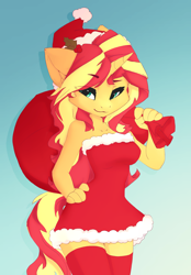 Size: 1640x2360 | Tagged: safe, artist:shooshaa, sunset shimmer, unicorn, anthro, g4, bag, christmas, christmas outfit, clothes, dress, female, gradient background, hand on hip, hat, holiday, sack, santa hat, santa sack, solo, stockings, thigh highs, zettai ryouiki