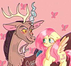Size: 926x857 | Tagged: safe, artist:cellzidk, discord, fluttershy, butterfly, g4, antlers, blushing, female, looking at each other, looking at someone, loose hair, male, ship:discoshy, shipping, signature, spanish description, straight