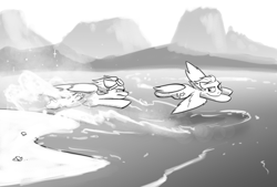 Size: 4000x2700 | Tagged: safe, artist:captainhoers, lightning dust, spitfire, pegasus, pony, g4, duo, female, flying, goggles, grayscale, gritted teeth, looking at each other, looking at someone, mare, monochrome, racing, spread wings, water, wings, wrong cutie mark