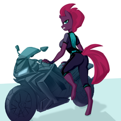 Size: 4000x4000 | Tagged: safe, artist:shooshaa, tempest shadow, unicorn, anthro, unguligrade anthro, g4, absurd resolution, broken horn, female, frown, horn, motorcycle, simple background, solo, white background