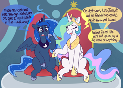 Size: 4812x3474 | Tagged: safe, artist:graphenescloset, princess celestia, princess luna, alicorn, pony, series:luna's blubbering, g4, absurd resolution, confused, dialogue, duo, duo female, eye clipping through hair, eyebrows, eyebrows visible through hair, eyes closed, female, frown, implied mane six, incentive drive, mare, open mouth, open smile, royal sisters, siblings, sisters, sitting, smiling, speech bubble, talking, this will end in weight gain, throne, throne room, weight gain sequence