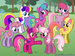 Size: 1024x768 | Tagged: safe, artist:andromendaskies, cheerilee, cheerilee (g3), cherry blossom (g3), gem blossom, puzzlemint, sweet berry, sweetberry, earth pony, pony, unicorn, g2, g3, g4, adorablossom, cheeribetes, cute, female, field, g2 to g4, g3 cheeribetes, g3 to g4, generation leap, generational ponidox, generations, grass, grass field, grin, group, mare, open mouth, open smile, puzzlebetes, raised hoof, raised leg, smiling, sweet sweet berry, sweet sweetberry