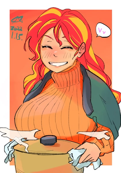2785518 - safe, artist:sozglitch, sunset shimmer, human, g4, big breasts,  blushing, breasts, busty sunset shimmer, clothes, eyes closed, female,  grin, heart, huge breasts, humanized, pictogram, pot, smiling, solo, sweater,  sweater puppies, turtleneck 