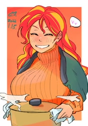 Size: 1400x2000 | Tagged: safe, artist:sozglitch, sunset shimmer, human, g4, big breasts, blushing, breasts, busty sunset shimmer, clothes, eyes closed, female, grin, heart, huge breasts, humanized, pictogram, pot, smiling, solo, sweater, sweater puppies, turtleneck