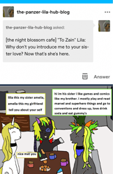 Size: 1171x1812 | Tagged: safe, artist:ask-luciavampire, oc, pegasus, pony, undead, unicorn, vampire, ask ponys gamer club, ask, cafe, food, tumblr