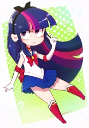 Size: 2300x3296 | Tagged: safe, artist:fuyugi, twilight sparkle, human, g4, blushing, clothes, cosplay, costume, cute, high res, humanized, peace sign, sailor moon (series), solo, twiabetes