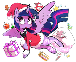 Size: 1266x1029 | Tagged: safe, artist:fuyugi, twilight sparkle, alicorn, pony, g4, bag, bowtie, candy, candy cane, christmas, christmas tree, clothes, costume, cute, food, gingerbread man, hat, holiday, merry christmas, misspelling, open mouth, ornament, present, santa costume, santa hat, simple background, solo, stars, text, tree, twiabetes, twilight sparkle (alicorn)