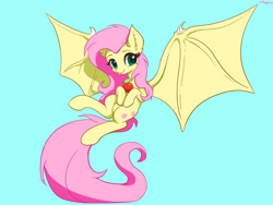 Size: 1280x960 | Tagged: safe, artist:tinybenz, fluttershy, bat pony, pony, g4, apple, bat ponified, blue background, cute, female, flutterbat, food, large wings, mare, race swap, shyabates, shyabetes, simple background, solo, spread wings, wings
