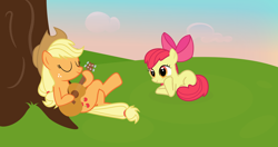 Size: 4096x2160 | Tagged: safe, artist:mazli, apple bloom, applejack, earth pony, pony, g4, female, filly, foal, guitar, mare, musical instrument, tree