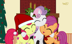 Size: 5917x3634 | Tagged: safe, artist:ironm17, apple bloom, scootaloo, sweetie belle, earth pony, pegasus, pony, unicorn, g4, surf and/or turf, absurd resolution, adorabloom, bipedal, christmas, christmas tree, cute, cutealoo, cutie mark crusaders, cutie mark cuties, diasweetes, female, filly, foal, hat, holiday, hug, santa hat, tree