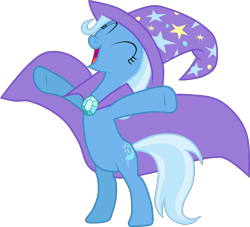 Size: 3000x2719 | Tagged: safe, artist:valadrem, trixie, pony, unicorn, g4, .svg available, bipedal, brooch, cape, clothes, eyes closed, female, hat, high res, jewelry, open mouth, simple background, solo, transparent background, trixie's brooch, trixie's cape, trixie's hat, vector, y pose