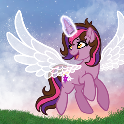 Size: 2048x2048 | Tagged: safe, artist:melspyrose, oc, oc only, oc:violet harmony, pony, artificial wings, augmented, high res, implied canterlot, magic, offspring, on my father's wings, parent:oc:courageous heart, parent:twilight sparkle, parents:canon x oc, solo, wings