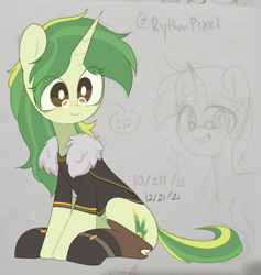 Size: 768x811 | Tagged: safe, artist:softpound, oc, pony, unicorn, :p, boots, brown eyes, clothes, female, green mane, horn, jacket, mare, shoes, sitting, smiling, solo, spectacles, tongue out, unicorn oc