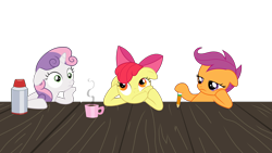 Size: 3000x1688 | Tagged: safe, artist:valadrem, apple bloom, scootaloo, sweetie belle, earth pony, pony, g4, ponyville confidential, season 2, .svg available, coffee mug, cutie mark crusaders, female, filly, foal, mug, pencil, simple background, transparent background, vector