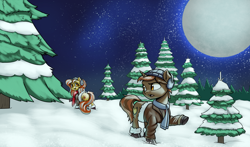 Size: 4000x2354 | Tagged: safe, artist:ahobobo, oc, oc only, oc:cinderheart, oc:shadowheart, pony, unicorn, boots, brother and sister, clothes, coat, cold, duo, earmuffs, female, hat, male, moon, night, shoes, siblings, snow, stars, tree