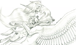 Size: 1500x892 | Tagged: safe, artist:baron engel, princess celestia, oc, oc:heartbreaker, alicorn, earth pony, pony, g4, belly button, female, horn, hug, mare, monochrome, pencil drawing, story included, tackle, traditional art, wings