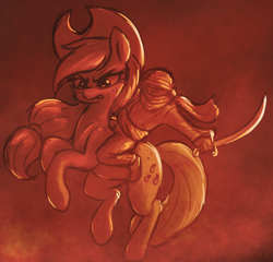 Size: 2410x2315 | Tagged: safe, artist:t72b, applejack, oc, oc:anon, earth pony, human, pony, g4, applejack's hat, cowboy hat, galloping, hat, high res, humans riding ponies, limited palette, rearing, riding, saber, sword, weapon