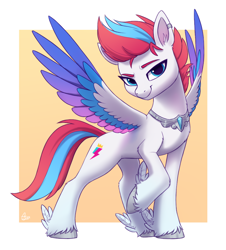 Size: 850x940 | Tagged: safe, artist:luminousdazzle, zipp storm, pegasus, pony, g5, my little pony: a new generation, alternate design, ear fluff, ear piercing, earring, eyebrows, eyelashes, feathered fetlocks, female, jewelry, looking at you, mare, necklace, piercing, raised hoof, signature, simple background, smiling, smiling at you, smirk, solo, spread wings, unshorn fetlocks, wings