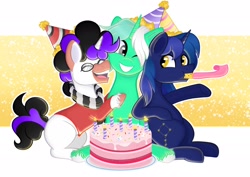 Size: 2048x1448 | Tagged: safe, artist:balychen, oc, oc only, oc:colarus, oc:shooting star, oc:vynarity, birthday, cake, food, hat, mucca, not lyra, party hat, party horn, simple background, unshorn fetlocks