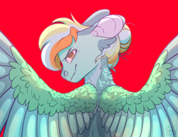 Size: 2600x2000 | Tagged: safe, artist:glitterstar2000, oc, oc only, oc:glitter star, pegasus, pony, female, high res, lidded eyes, looking at you, looking back, looking back at you, mare, ponysona, red background, simple background, solo, spread wings, wings