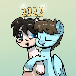 Size: 4000x4000 | Tagged: safe, artist:ahobobo, artist:goyini01, oc, oc only, oc:goyini, oc:maple scorch, deer, deer pony, original species, pegasus, pony, 2022, art trade, happy new year, happy new year 2022, holiday