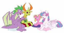 Size: 4096x2100 | Tagged: safe, artist:chub-wub, luster dawn, princess flurry heart, spike, thorax, alicorn, changedling, changeling, dragon, pony, unicorn, g4, alternate hairstyle, female, gigachad spike, king thorax, lying down, male, mare, older, older flurry heart, older spike, open mouth, pillow, prone, simple background, white background, winged spike, wings