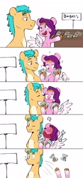 Size: 1922x4096 | Tagged: safe, artist:chub-wub, hitch trailblazer, pipp petals, earth pony, pegasus, pony, g5, my little pony: a new generation, adorapipp, adorkable, bag, bagel, blushing, blushing profusely, bread, cheek kiss, comic, cute, dork, duo, eyes closed, faint, female, flustered, food, high res, hitchbetes, hitchpipp, kissing, male, mare, markings, no eyes, open mouth, question mark, shipping, smooth, stallion, store, straight, surprise kiss, unshorn fetlocks, volumetric mouth