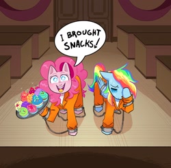 Size: 1524x1500 | Tagged: safe, artist:stevetwisp, pinkie pie, rainbow dash, pegasus, pony, bribery, clothes, courtroom, cuffed, cupcake, female, food, mare, prison outfit, prisoner pp, prisoner rd, rainbow and cupcakes, shirt, text, undershirt, wing cuffs