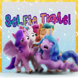 Size: 1080x1080 | Tagged: safe, hitch trailblazer, izzy moonbow, pipp petals, sunny starscout, zipp storm, earth pony, pegasus, pony, unicorn, g5, my little pony: a new generation, official, 3d, female, male, mane five, mare, selfie, snow, snowfall, stallion
