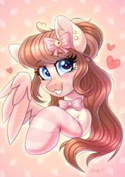 Size: 2480x3508 | Tagged: safe, artist:dandy, oc, oc only, oc:strawberry milk, pegasus, pony, blushing, bow, bowtie, bust, clothes, ear fluff, female, hair bun, heart, heart eyes, high res, looking at you, smiling, socks, solo, wingding eyes