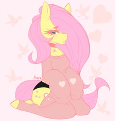 Size: 946x995 | Tagged: safe, artist:amz-iro, fluttershy, pegasus, anthro, unguligrade anthro, g4, breasts, choker, chokershy, cleavage, clothes, female, hair over one eye, kneeling, panties, solo, sweater, sweatershy, underwear