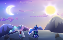 Size: 2978x1896 | Tagged: safe, artist:zara-xx, princess celestia, princess luna, alicorn, pony, between dark and dawn, g4, clothes, cloud, crescent moon, day and night, duo, ethereal mane, female, folded wings, hawaiian shirt, horn, looking up, mare, moon, mountain, mountain range, royal sisters, scene interpretation, shirt, siblings, sisters, sitting, sky, starry mane, stars, sun, sun and moon, windswept mane, wings