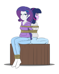 Size: 3669x4607 | Tagged: safe, artist:carnifex, rarity, twilight sparkle, equestria girls, g4, arm behind back, back to back, bondage, bound together, duo, duo female, female, rope, rope bondage, simple background, sitting, smiling, white background