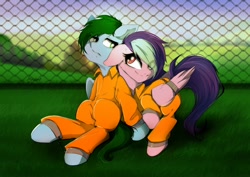 Size: 1380x975 | Tagged: safe, artist:skyeypony, oc, oc only, oc:galactic lights, oc:wozzy, clothes, duo, fence, prison outfit, prisoner, wing cuffs