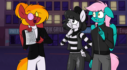 Size: 3000x1652 | Tagged: safe, artist:moonatik, oc, oc only, oc:cid, oc:isabelle incraft, oc:izzy, oc:moonatik, earth pony, pegasus, anthro, new lunar millennium, alternate timeline, beret, clothes, contract, deltarune, earth pony oc, female, floppy ears, glasses, hair bun, hat, male, mare, mime, nightmare takeover timeline, pegasus oc, spamton, stallion, story included